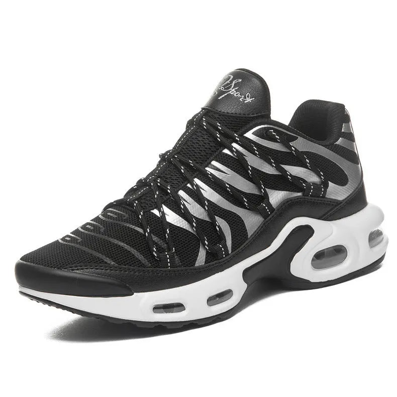 Men's breathable mesh sports shoes with rubber sole, air cushion, front lace-up, available in black, blue, red, and white