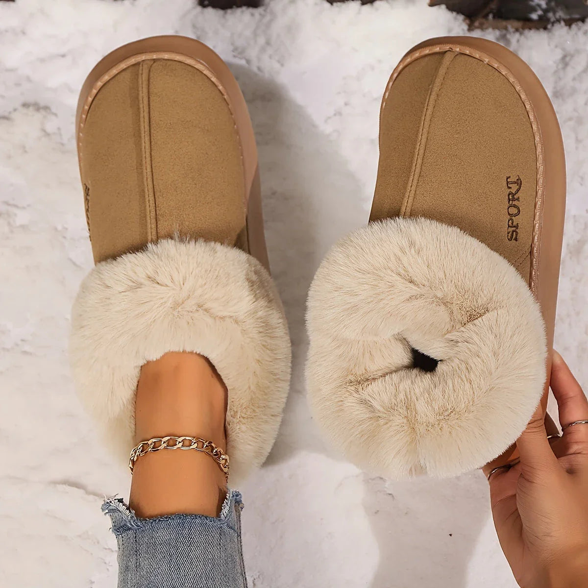 Cozy faux fur-lined women's slippers with non-slip platform soles and stylish color options