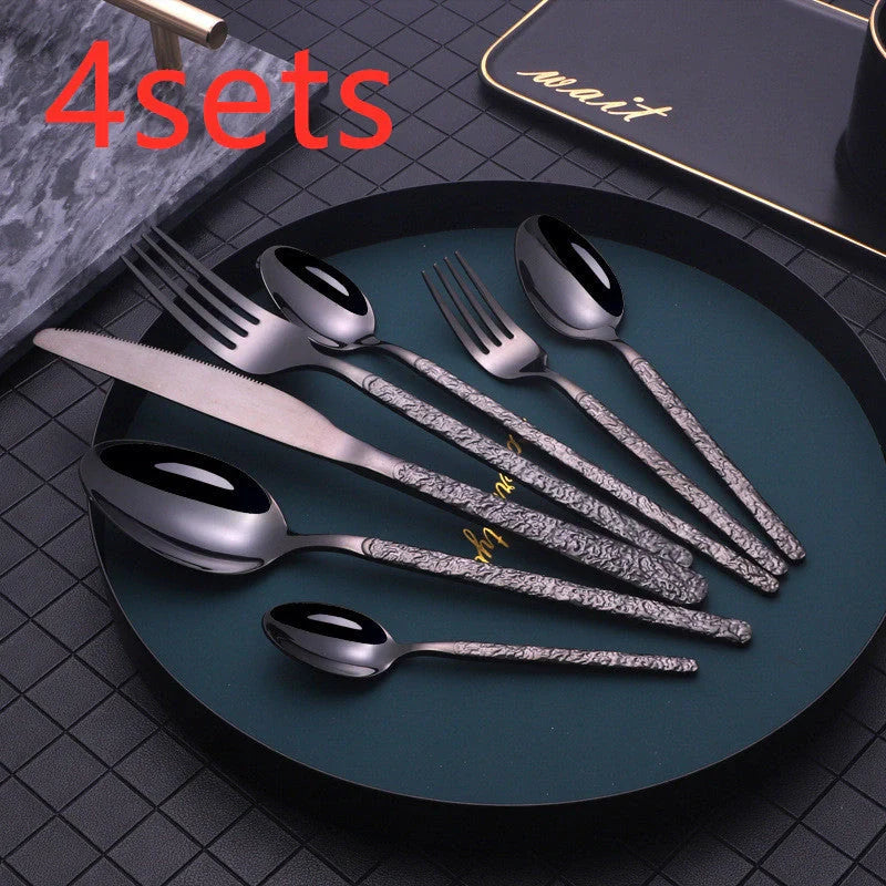 Premium embossed steak cutlery set with textured handles and mirror polish