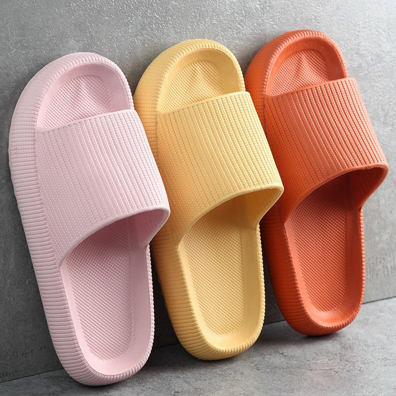 Cozy slip-on slippers in various colors for men and women, featuring soft fabric upper and non-slip EVA soles
