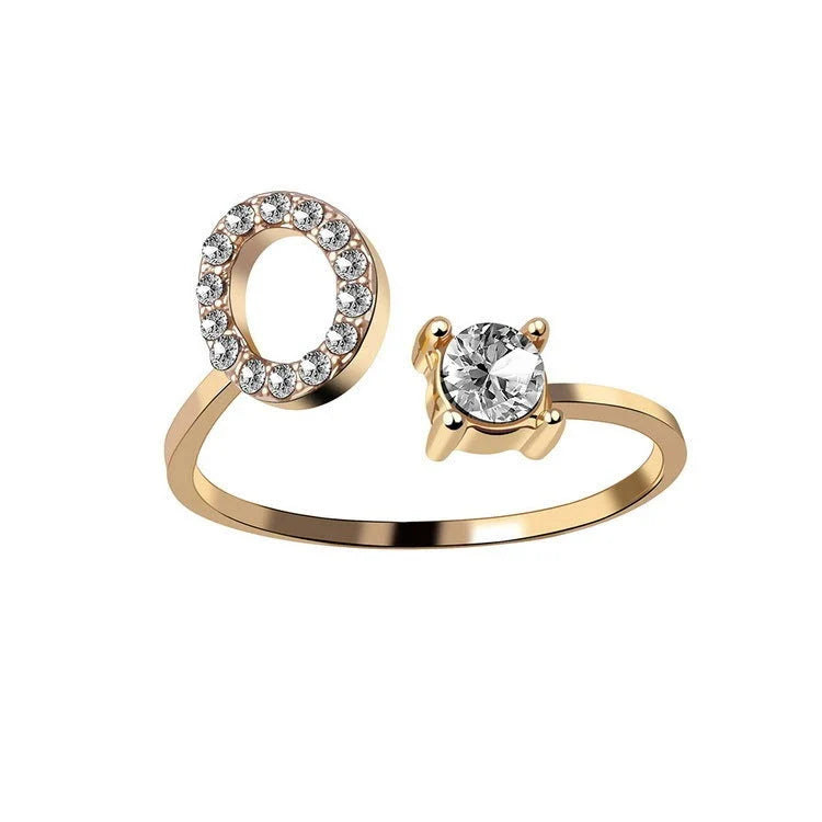 Personalized Initial Letter Crystal Ring with Adjustable Design in Gold, Silver, and Rose Gold Colors