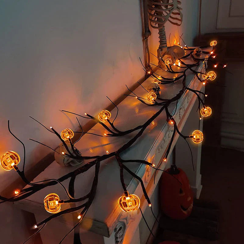 Enchanting Halloween vine lights with playful bat and pumpkin designs, creating a mesmerizing holiday display