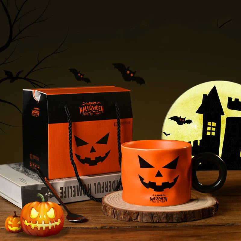 Festive pumpkin-themed ceramic mugs in orange and white colors, perfect for Halloween celebrations and enjoying hot or cold beverages