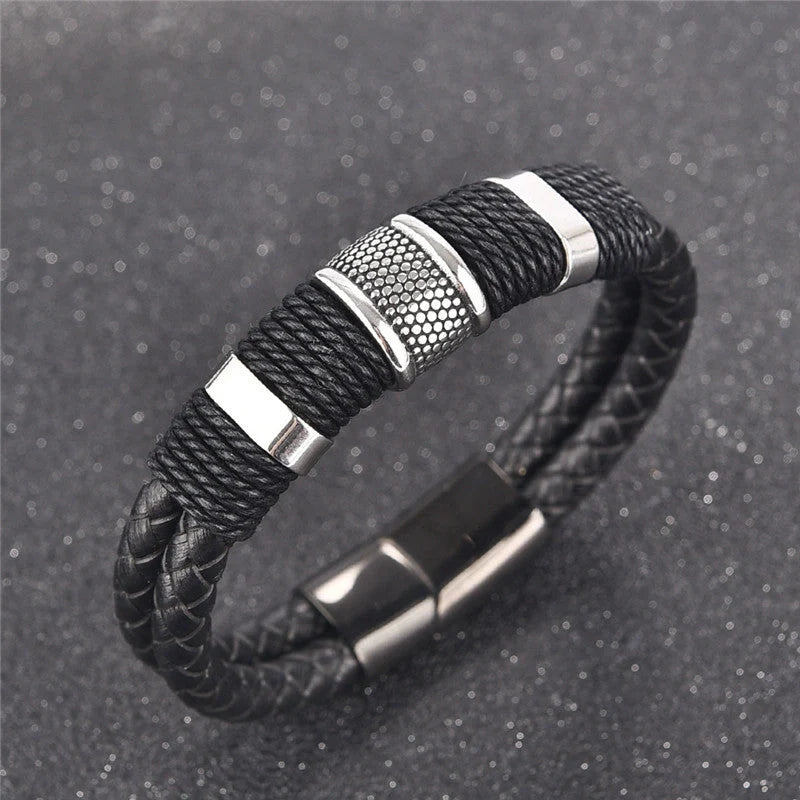 Men's black braid woven leather and titanium stainless steel bracelet