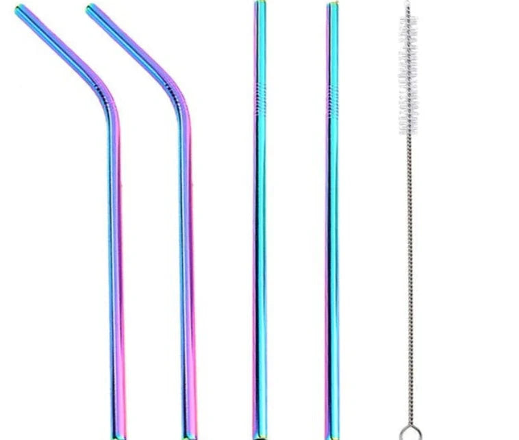Colourful reusable stainless steel drinking straws with cleaning brush, perfect for eco-friendly sipping.