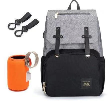 Stylish and functional diaper backpack with large capacity, stroller hooks, and USB charging port for modern parents
