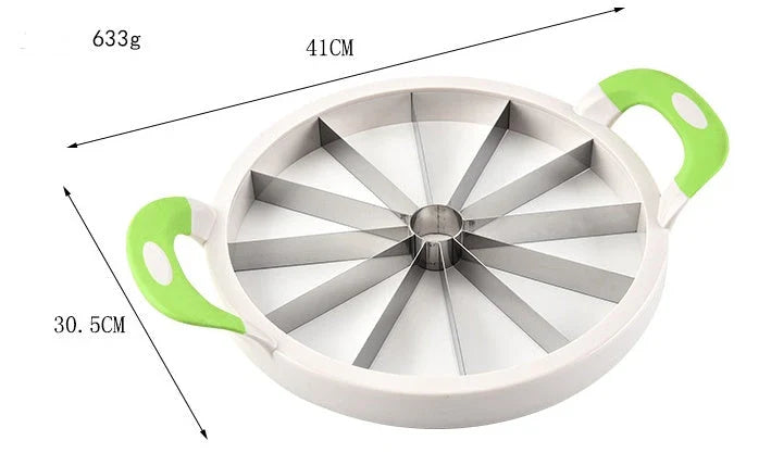 Premium stainless steel watermelon slicer with non-slip handles for quick, safe, and effortless watermelon cutting