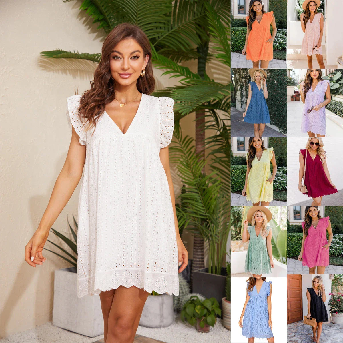 Stylish summer beach dress with lace accents, pockets, and a variety of vibrant color options