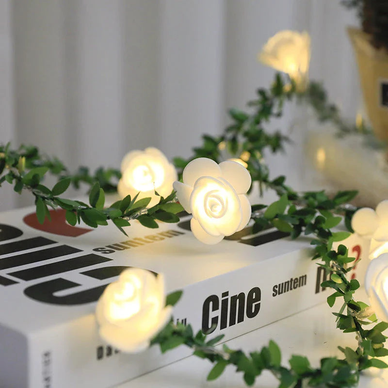Rose Flower Vine String Lights with Warm White LED Bulbs for Cozy Home Decor