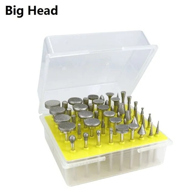 Alloy diamond grinding head set with elliptical cone shape and 3mm shank for rotary tools.