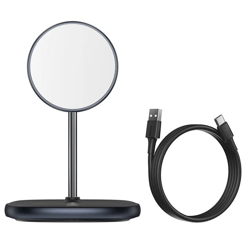 Swan Magnetic Desktop Stand Wireless Charger in white holding an iPhone 12 at an angle on a wooden desk