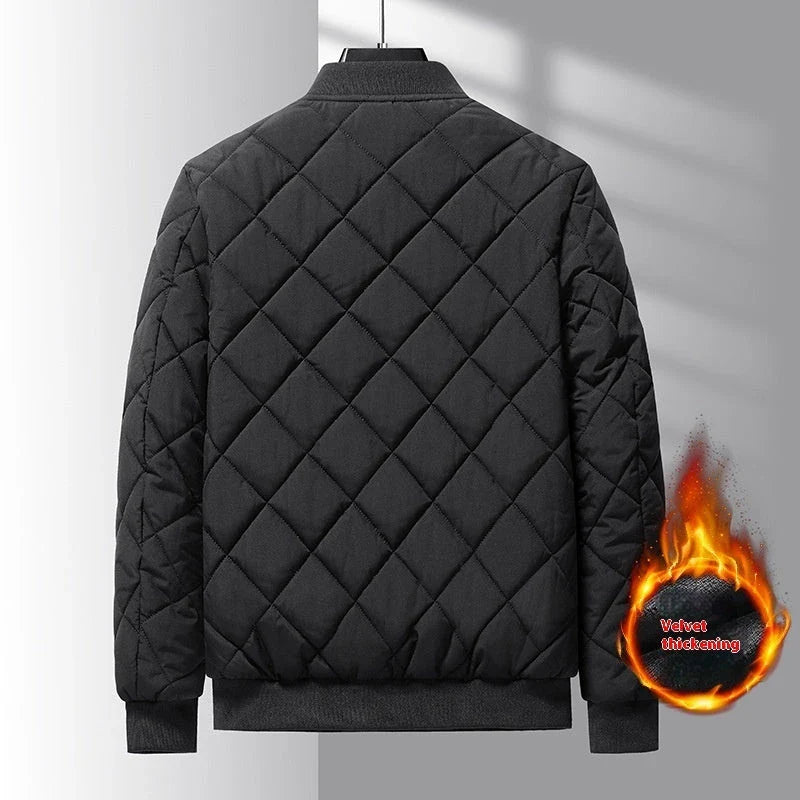 Insulated cotton jacket with rhombic-sewing design, available in khaki and black colors.