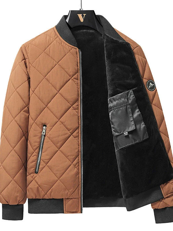 Insulated cotton jacket with rhombic-sewing design, available in khaki and black colors.