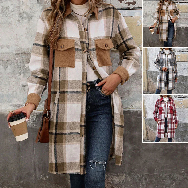 Stylish brushed plaid long coat with pockets, available in coffee, grey, and wine red colors