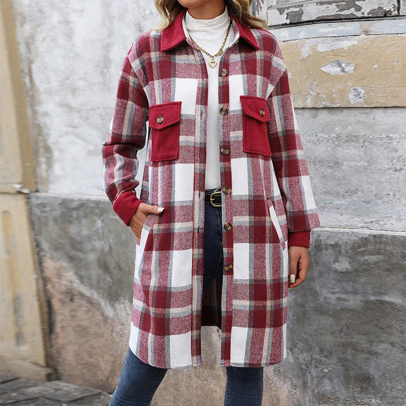 Stylish brushed plaid long coat with pockets, available in coffee, grey, and wine red colors