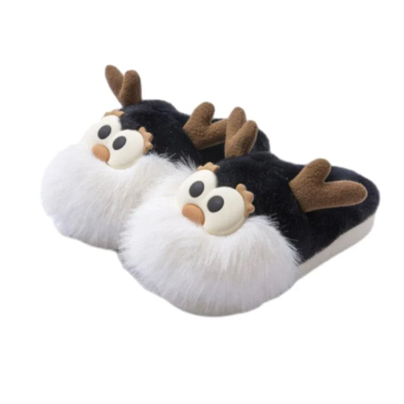 Cozy cartoon deer-themed plush slippers in various colors with thickened sole and half-covered heel for winter warmth and comfort