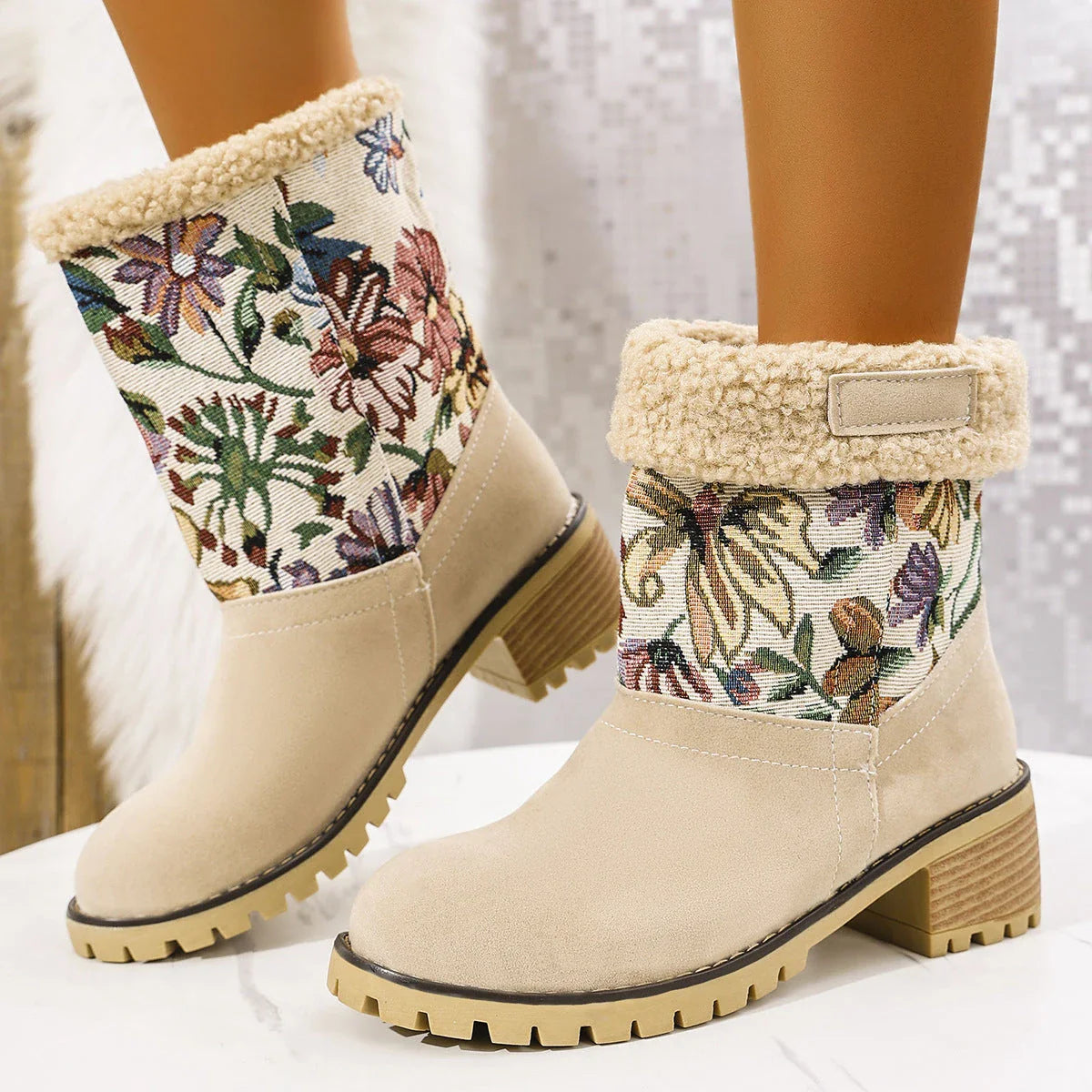 Elegant floral embroidered snow boots in various colors and sizes for women