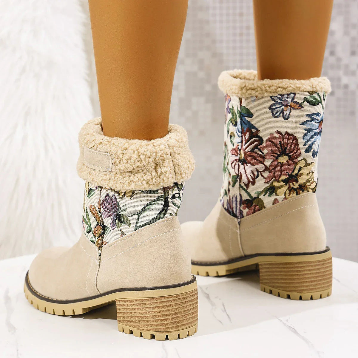 Elegant floral embroidered snow boots in various colors and sizes for women
