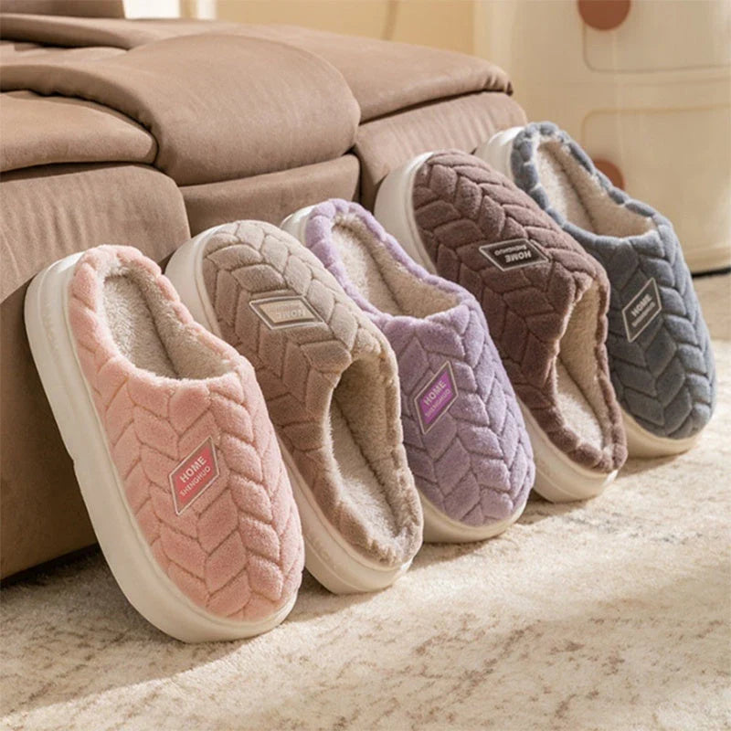 Cosy plush slippers with thick, non-slip soles and fleece lining, available in a variety of stylish colours