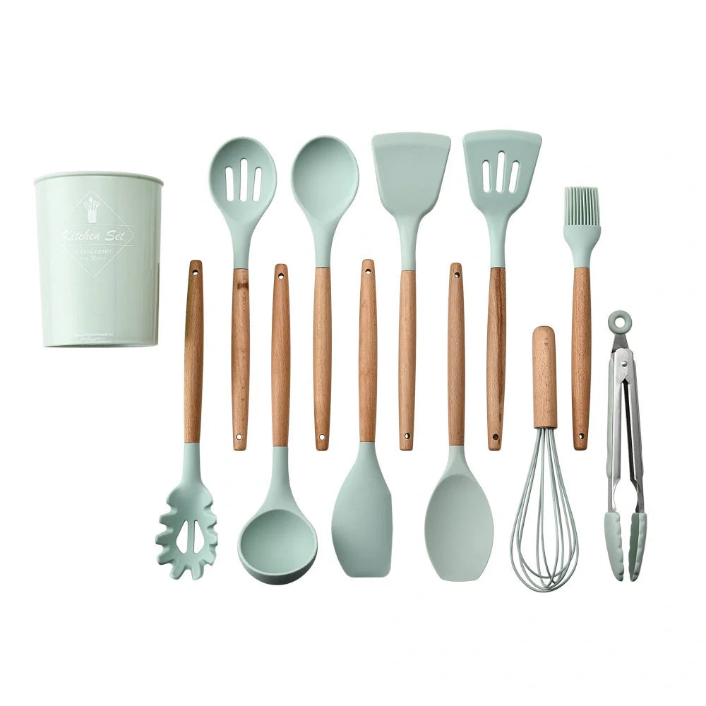 Premium silicone kitchenware set with wooden handle, ideal for cooking and baking