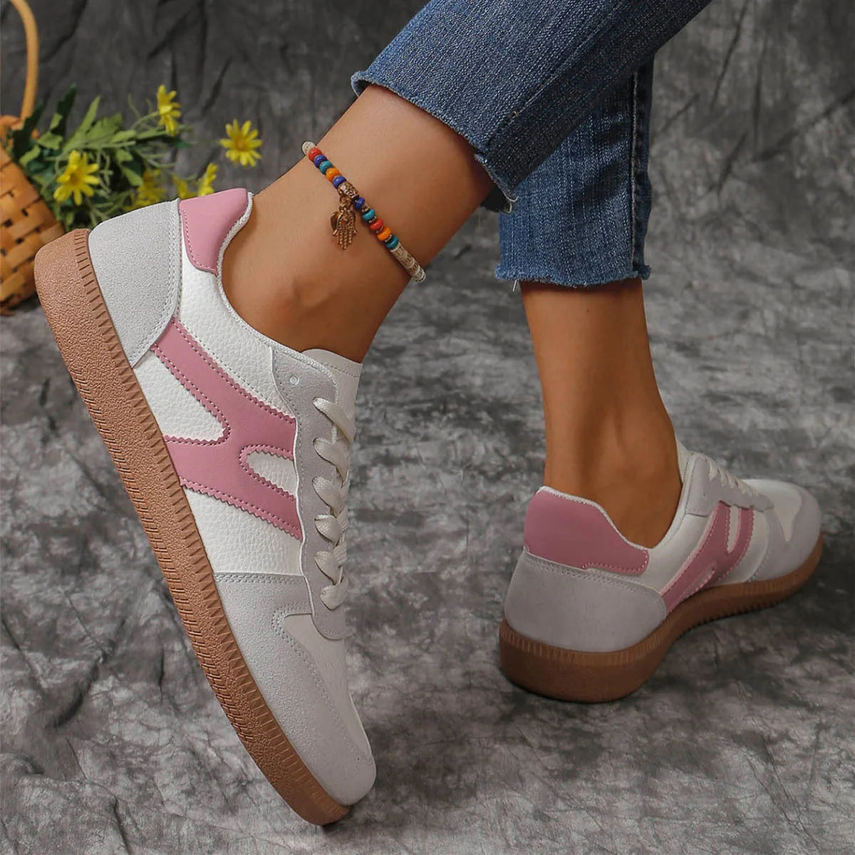 Stylish colourblock lace-up flats for women in black and pink
