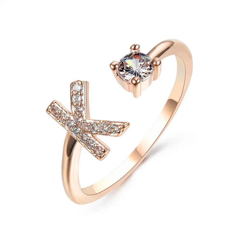 Personalized Initial Letter Crystal Ring with Adjustable Design in Gold, Silver, and Rose Gold Colors
