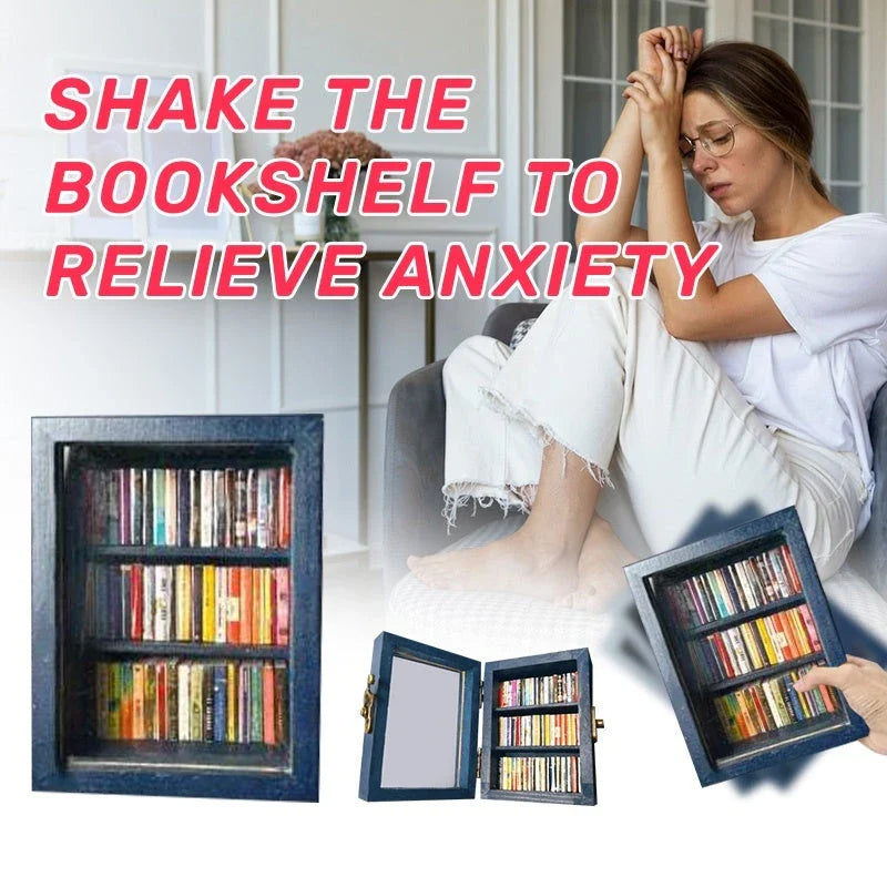 Calming wooden bookshelf ornament with 60 miniature books for stress relief and desktop decor