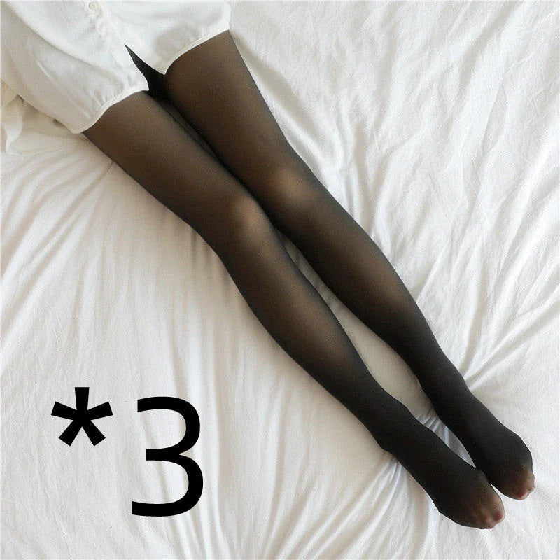 Cozy fleece-lined tights in various colors, featuring a unique translucent design and high-waisted fit for warmth and style.