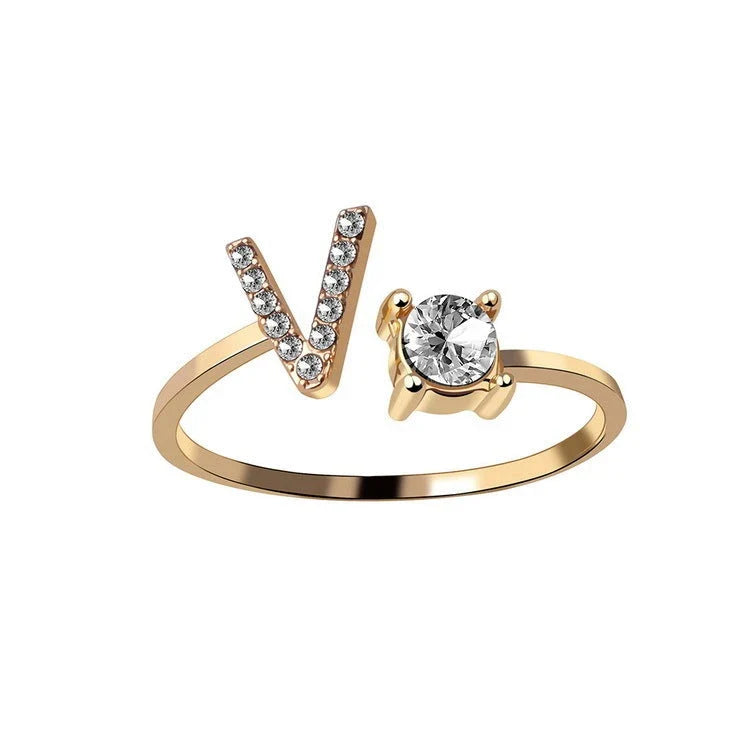 Personalized Initial Letter Crystal Ring with Adjustable Design in Gold, Silver, and Rose Gold Colors