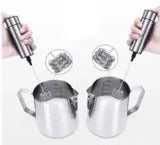 Silver handheld electric milk frother with detachable stainless steel whisk head