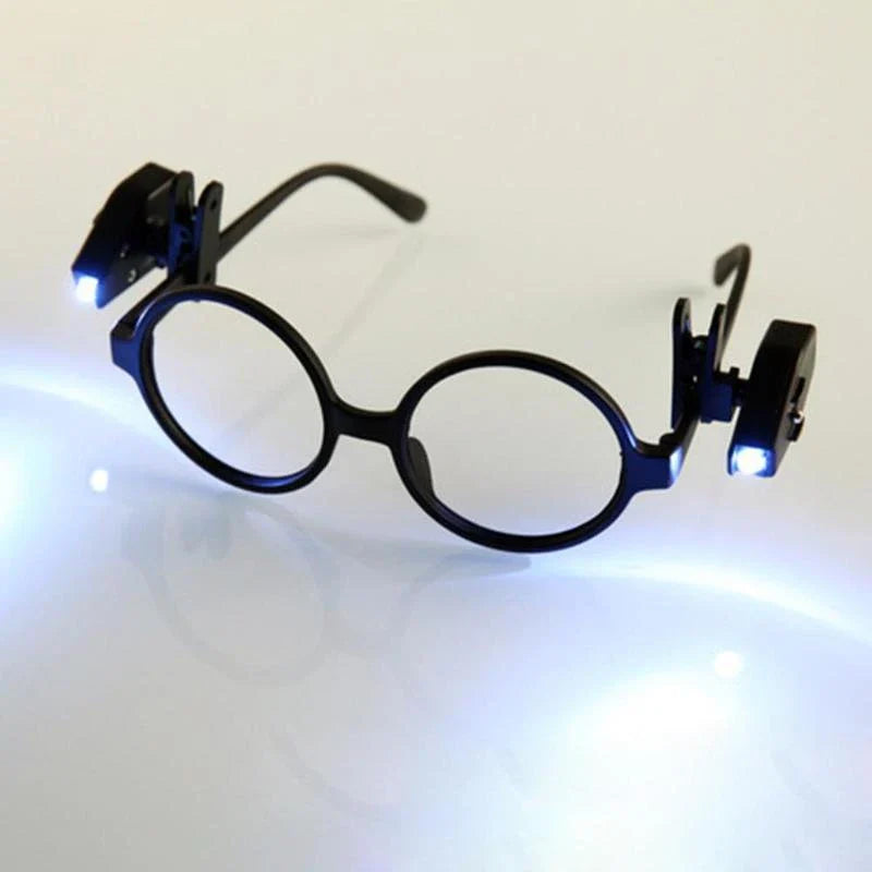 Adjustable LED eyeglass clip-on flashlight with 360-degree rotation for hands-free illumination