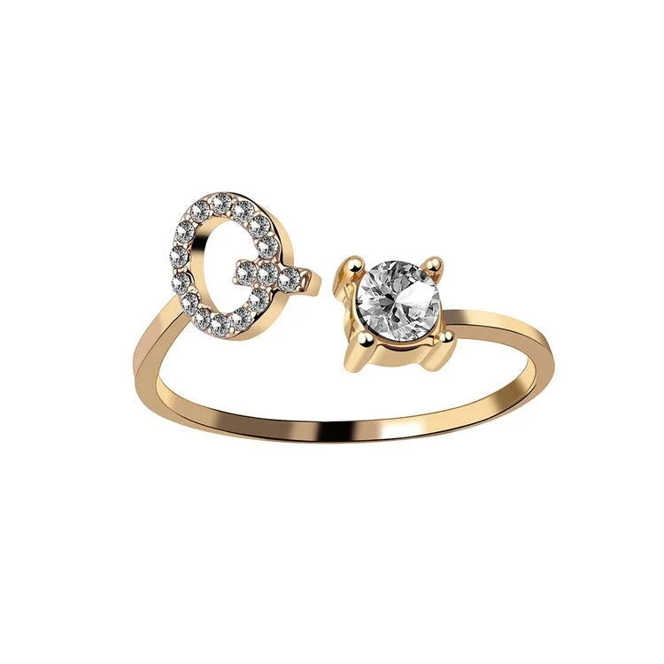 Personalized Initial Letter Crystal Ring with Adjustable Design in Gold, Silver, and Rose Gold Colors