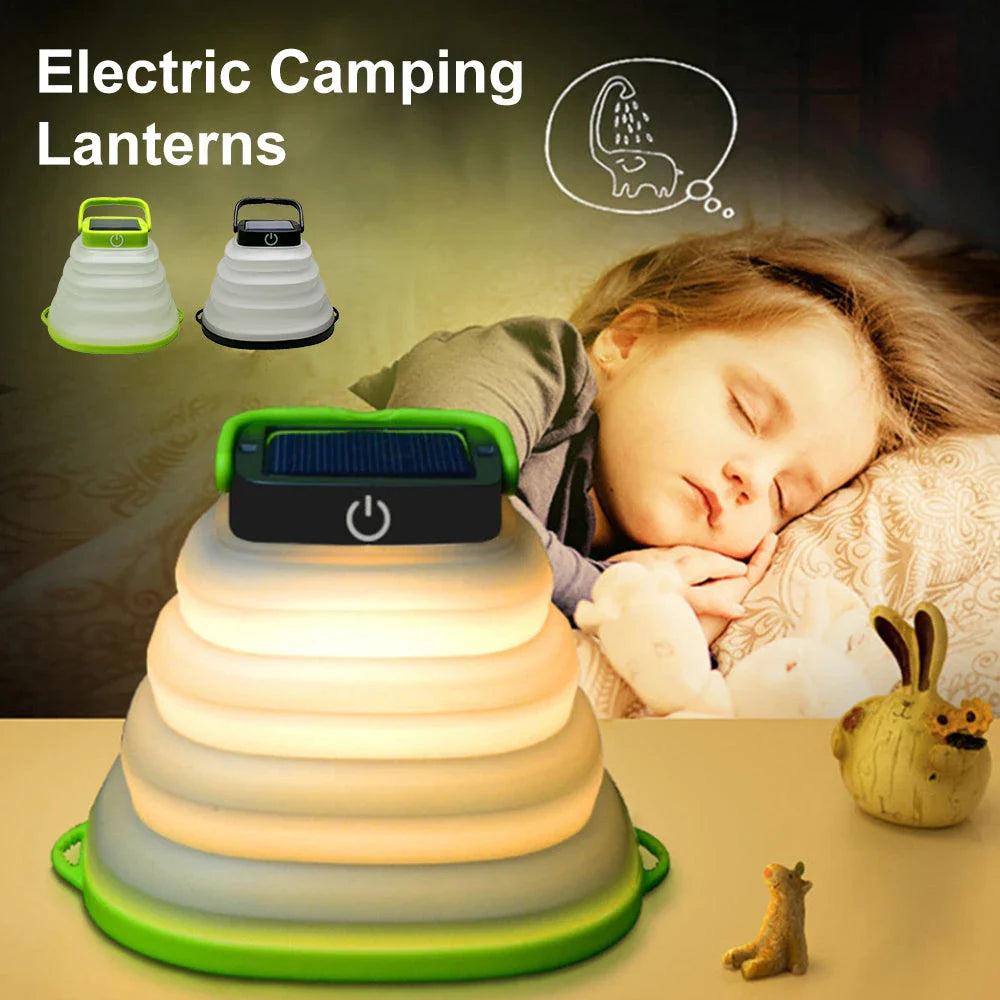 Compact and collapsible solar-powered camping lantern with adjustable brightness and IP68 waterproof rating