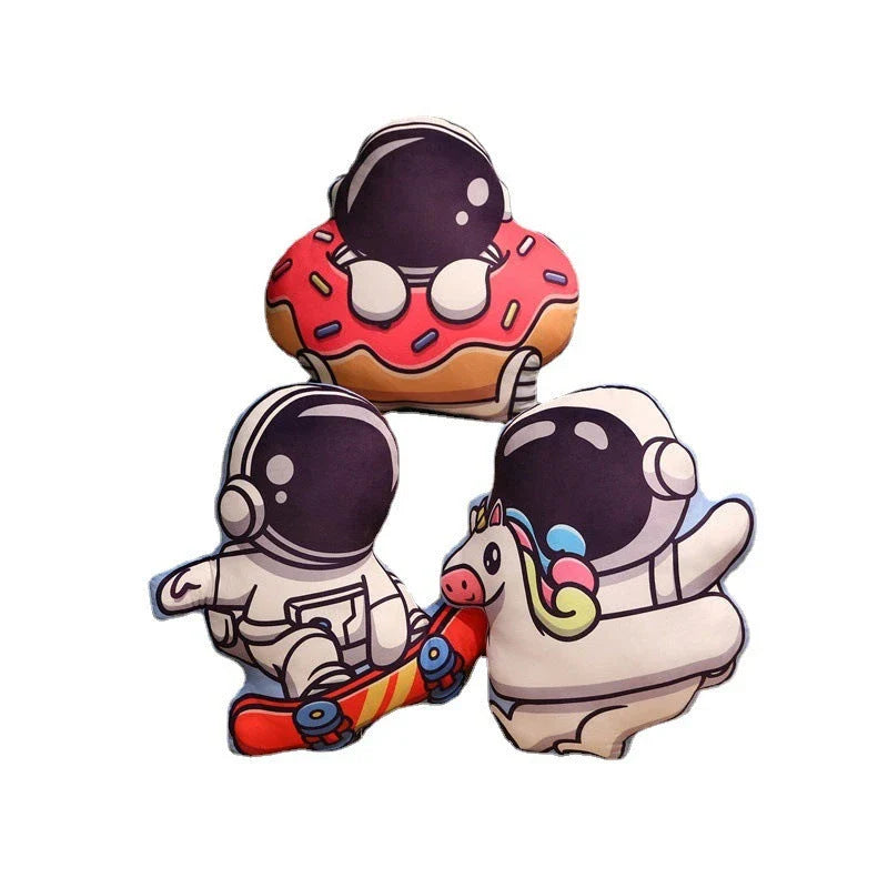 Soft plush astronaut pillows in various space-themed designs, including rockets, spacecraft, and more