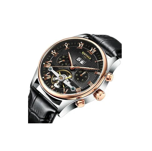 Men's automatic hollow tourbillon mechanical watch, 42mm alloy case, leather band, black or brown