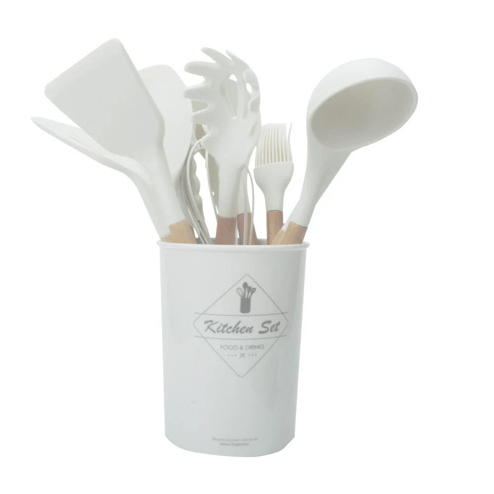 Premium silicone kitchenware set with wooden handle, ideal for cooking and baking