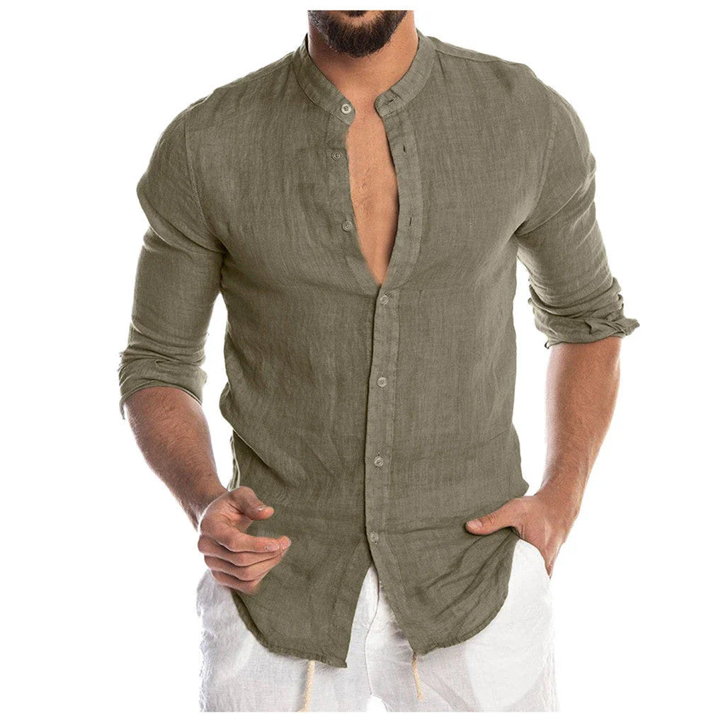 Stylish men's linen button-down shirt in a variety of classic colors