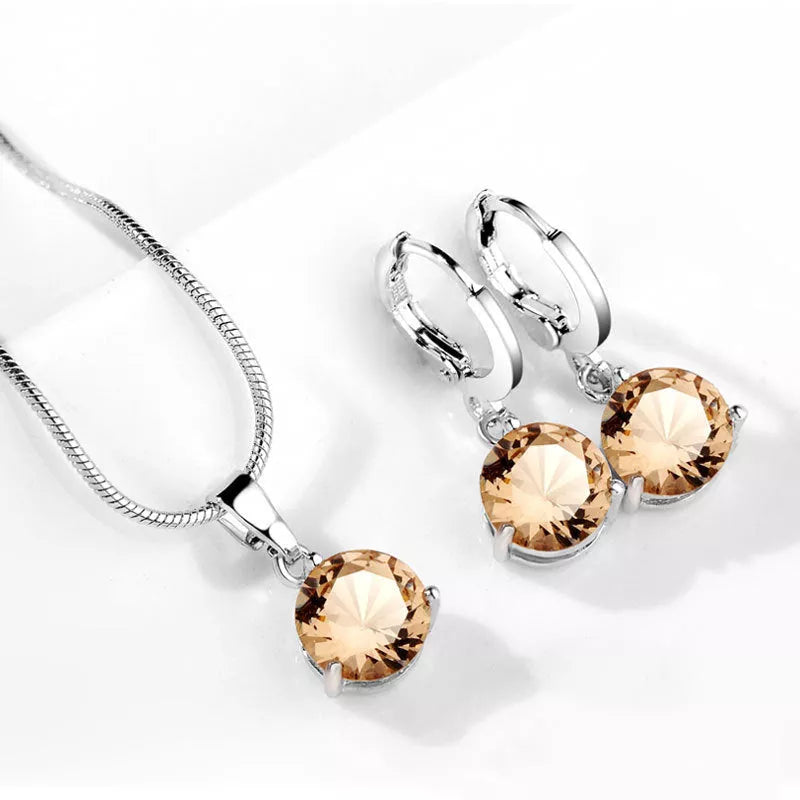 Zircon Water Drop Necklace and Earring Set with unique snake bone chain and mixed gem setting