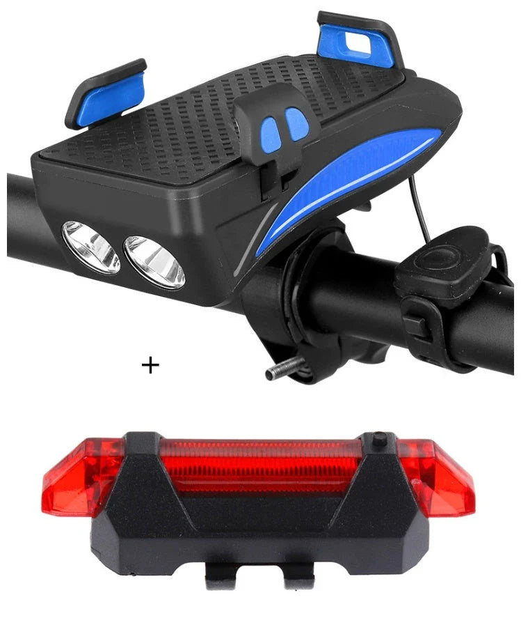 Multifunctional bike mount with horn, lights, and adjustable phone holder for secure storage and charging on the go