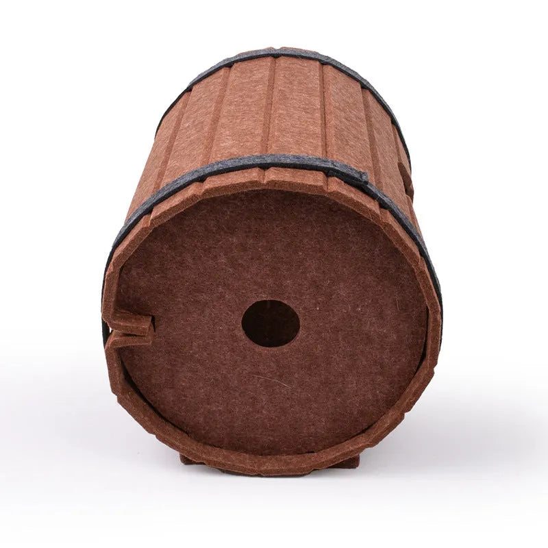Assembled wine barrel shaped cat bed made from grey polyester felt board.