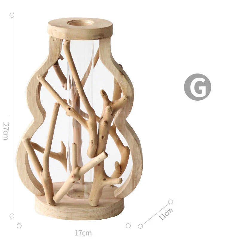Handcrafted wooden vase with glass container for hydroponic floral displays and home decor