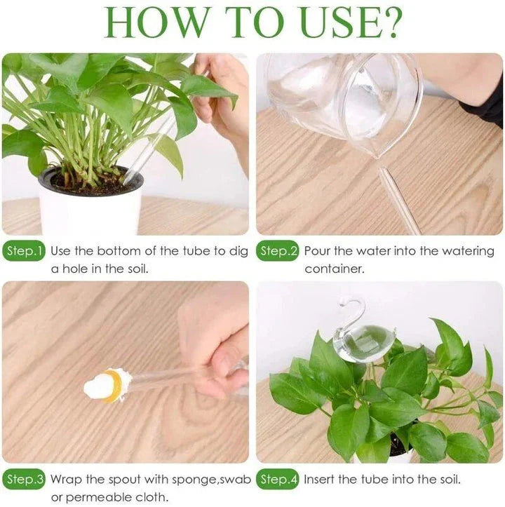 Decorative automatic plant watering device in various designs including birds, stars, and mushrooms