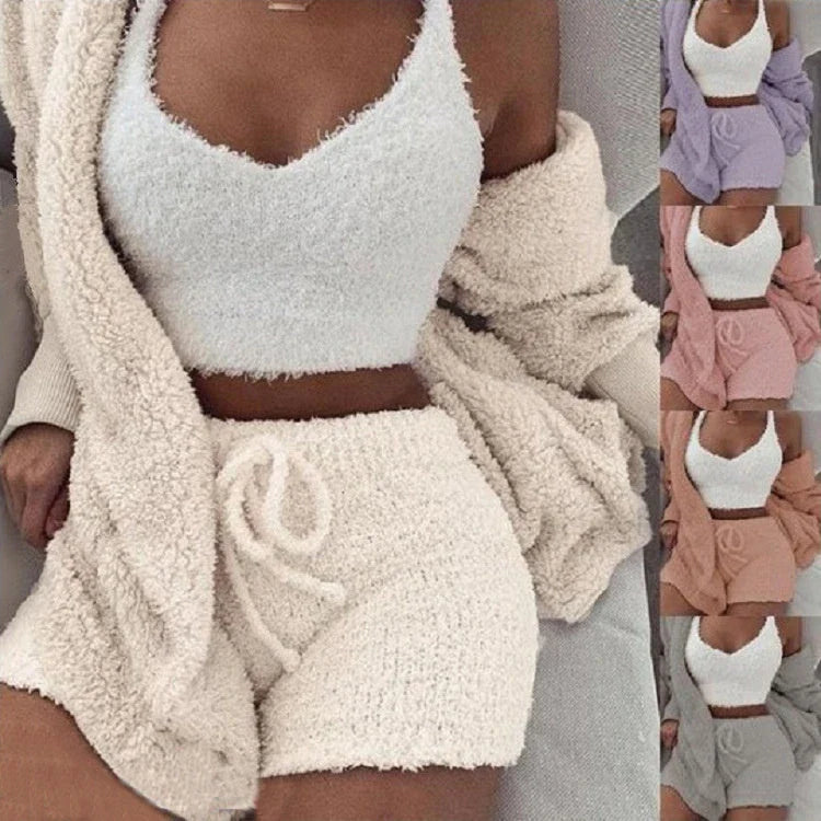 A cozy 3-piece loungewear set featuring a long sleeve crop top and drawstring shorts in a variety of stylish colors.