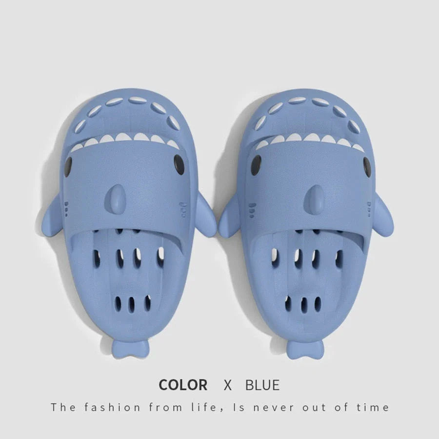 Stylish shark-themed shower slides with drainage holes and non-slip soles, made of lightweight and quick-drying EVA material