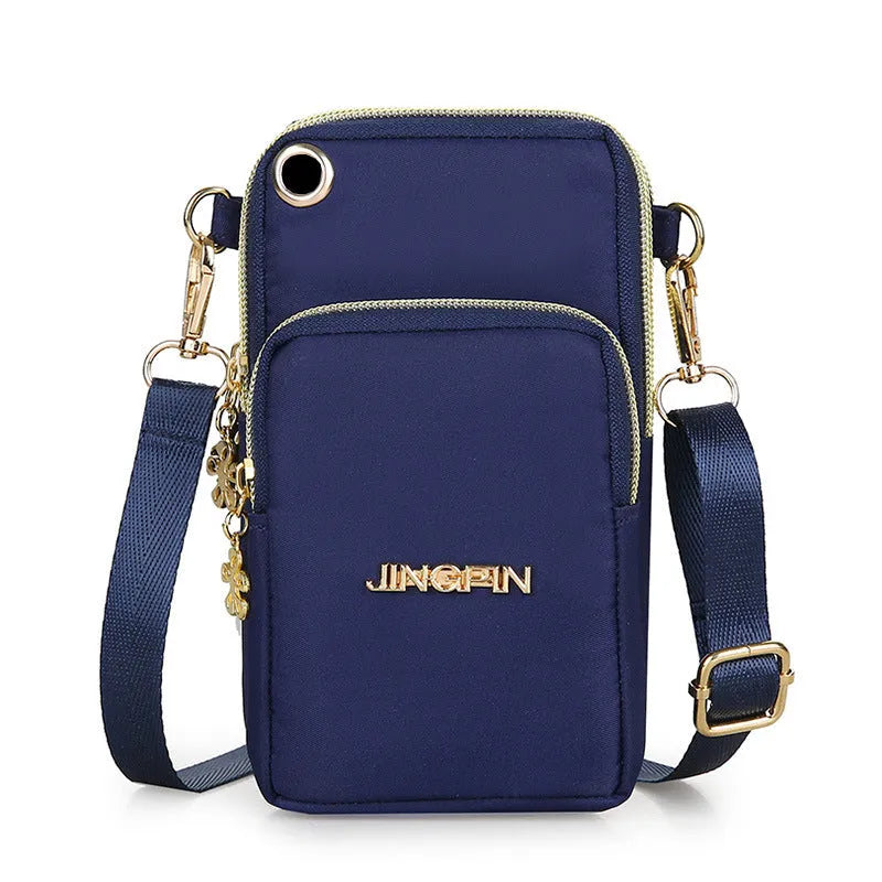 Nylon small crossbody shoulder bag with 3-layer zipper, card slot, square vertical shape, letter pattern, in red, dark blue, black or dark purple.