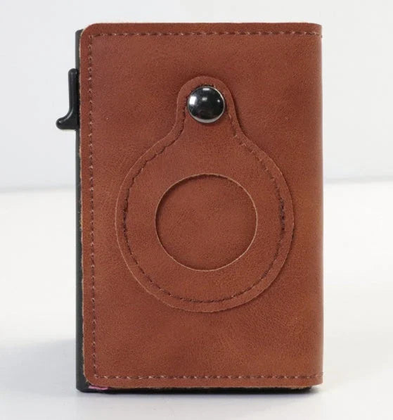 Premium leather wallet with built-in AirTag pocket and RFID blocking technology for secure everyday carry