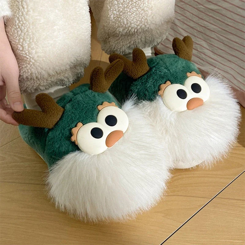 Cozy cartoon deer-themed plush slippers in various colors with thickened sole and half-covered heel for winter warmth and comfort