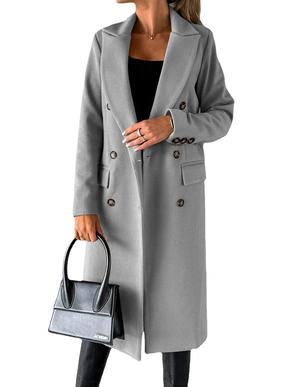 A stylish double-breasted winter coat made of premium polyester with a sleek lapel design and slim silhouette.