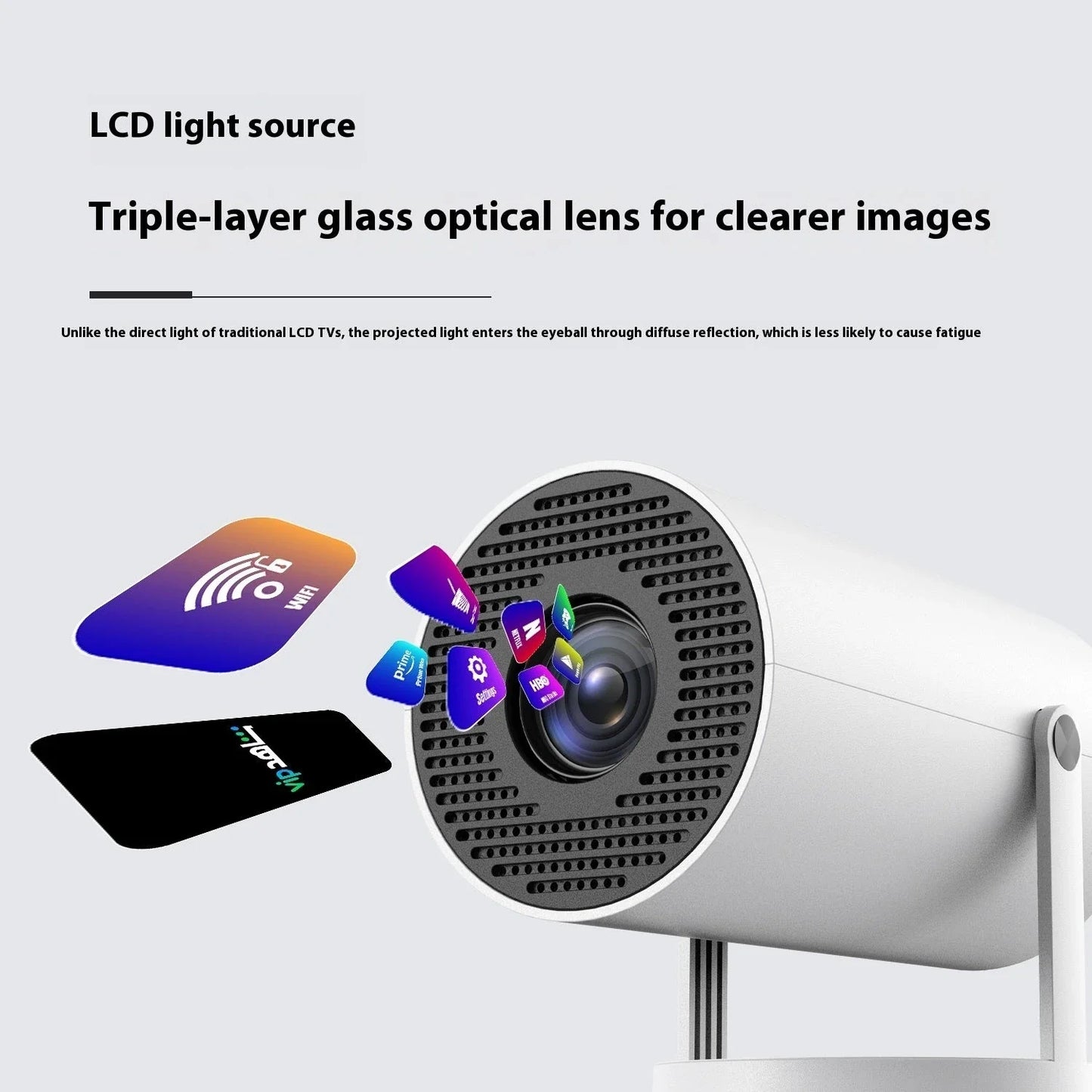 Portable home theater projector with 180-degree rotation, automatic focus, and wireless connectivity for an immersive viewing experience