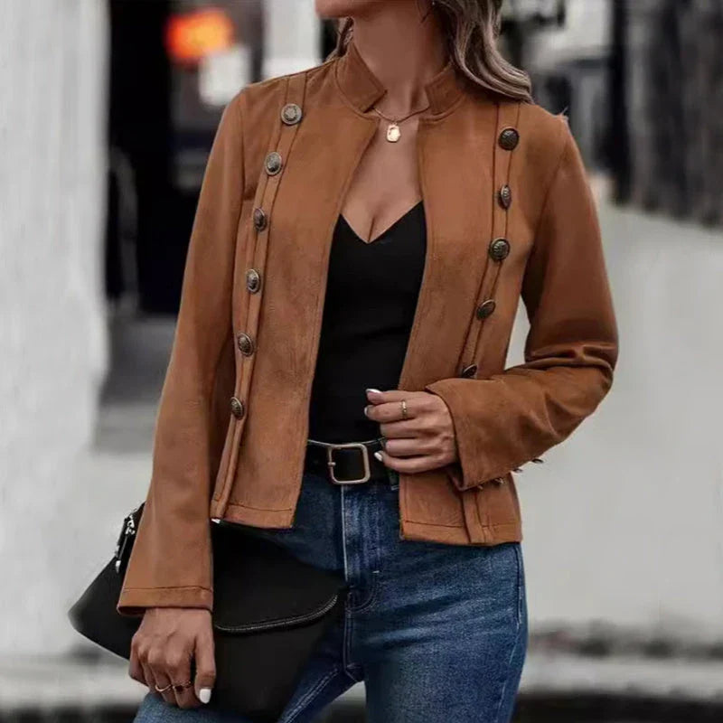 Stylish double-breasted short jacket for women, featuring a retro suede design and available in a variety of rich colors